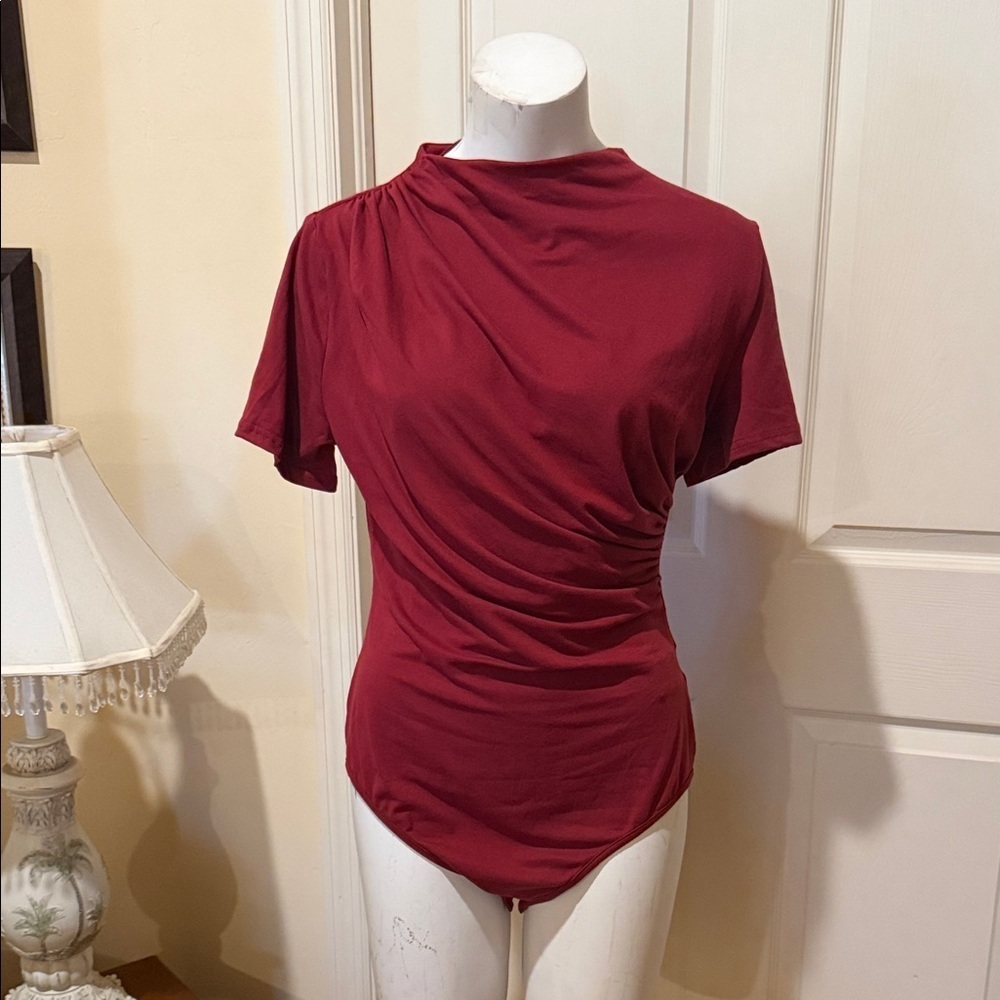 SHEIN Burgundy Ruched Bodysuit XL High Neck